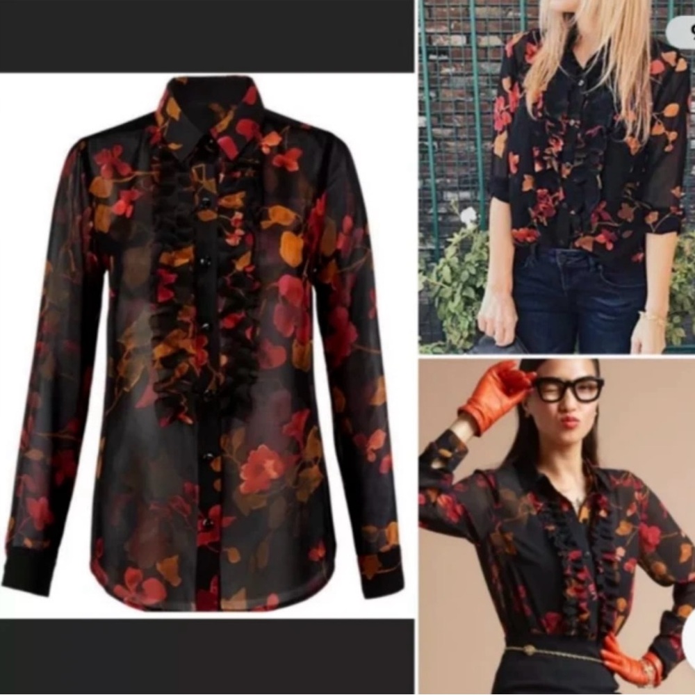 CAbi Black, Orange and Red Floral Ruffle Front Button Down Blouse - Picture 3 of 11
